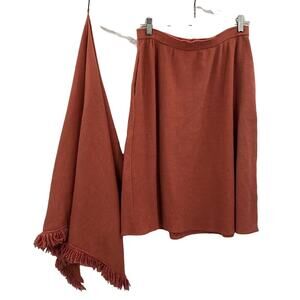 Vintage 2 Piece Skirt Matching Shawl Scarf Top Rose Brown Fringe Medium
